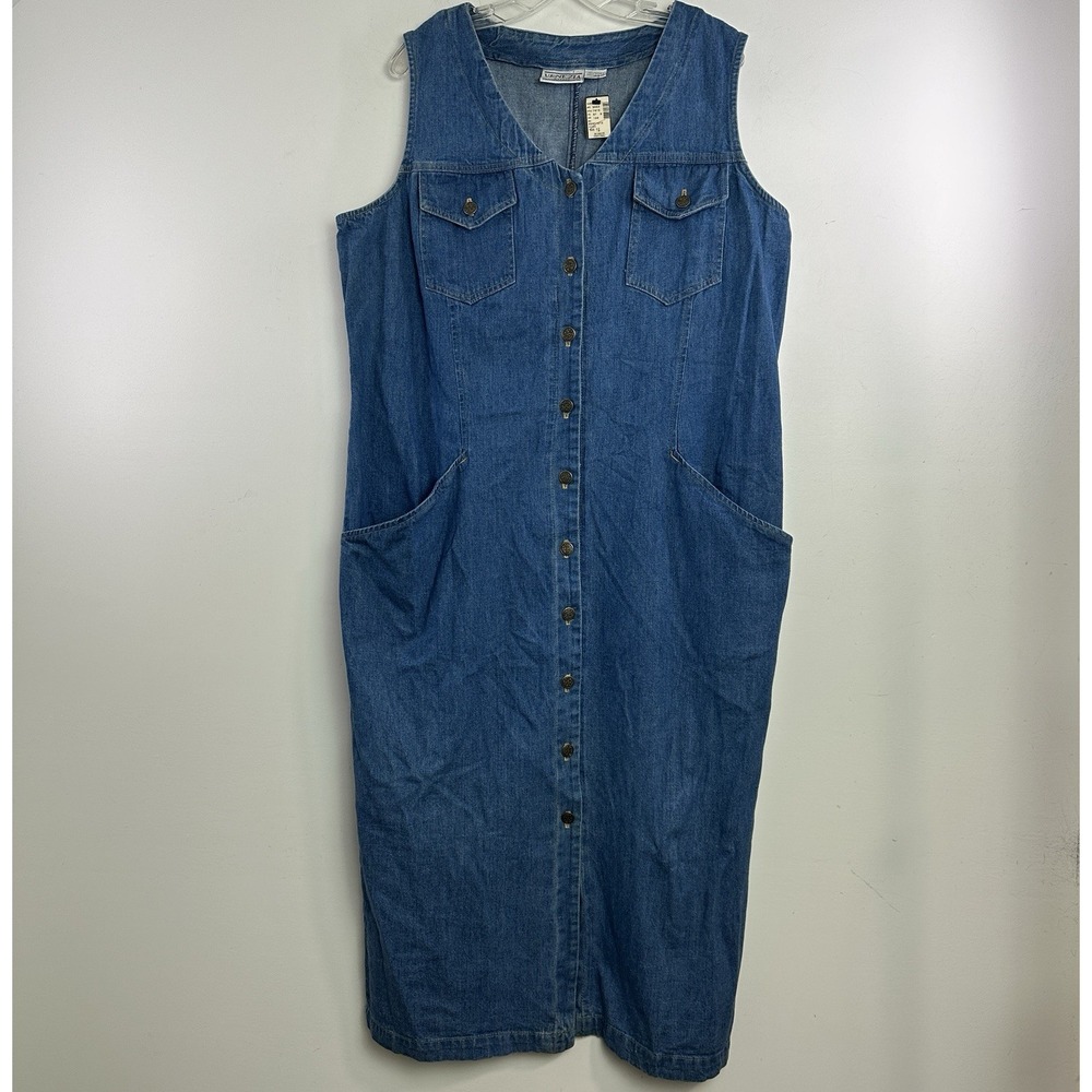 VTG Sz 16 Blue Denim Maxi Dress Y2K 90s Button Front Jumper Teacher Cottagecore